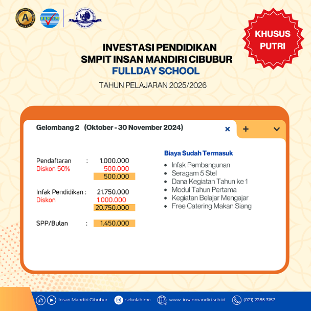 Biaya Pendidikan SMP IT Insan Mandiri Cibubur Full day School